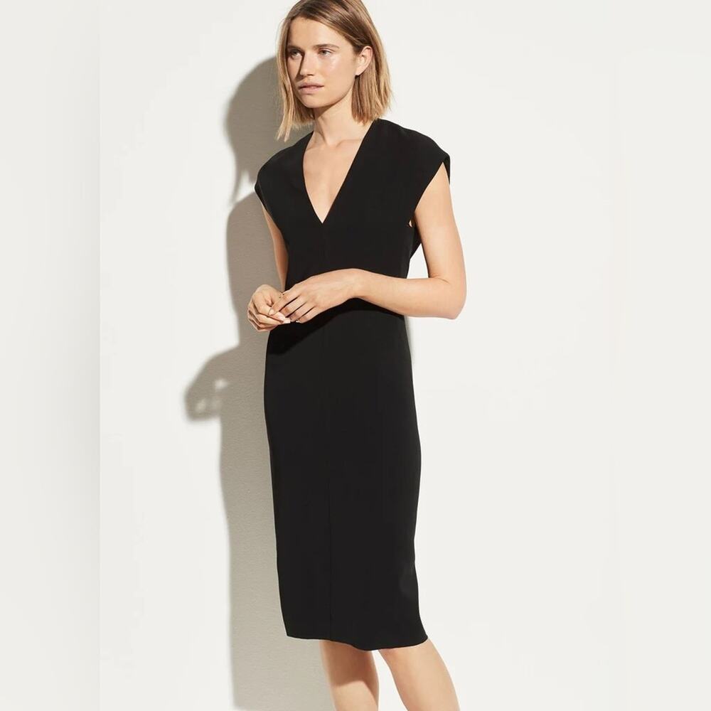 NWT Vince V-Neck Knee Length Crepe Straight Pencil Sheath Dress Black 8